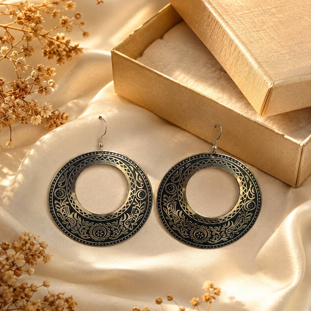 Ruhani Chakra Engraved Brass Statement Earrings alternate view