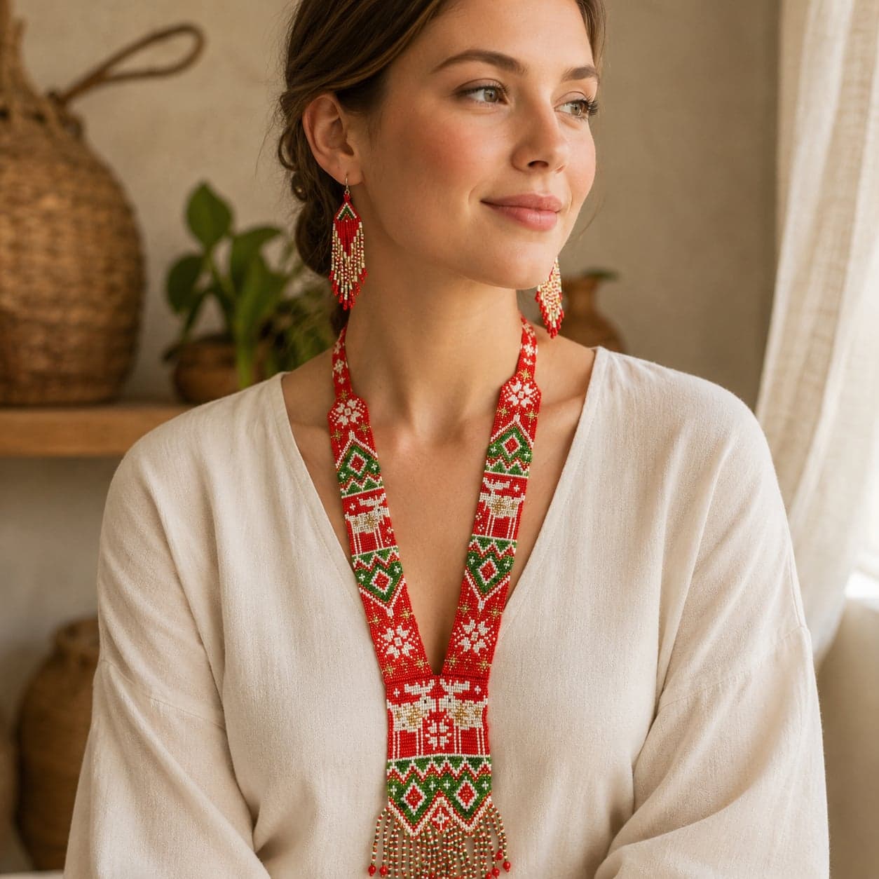 Saira Red Huichol-Inspired Beaded Long Necklace Set