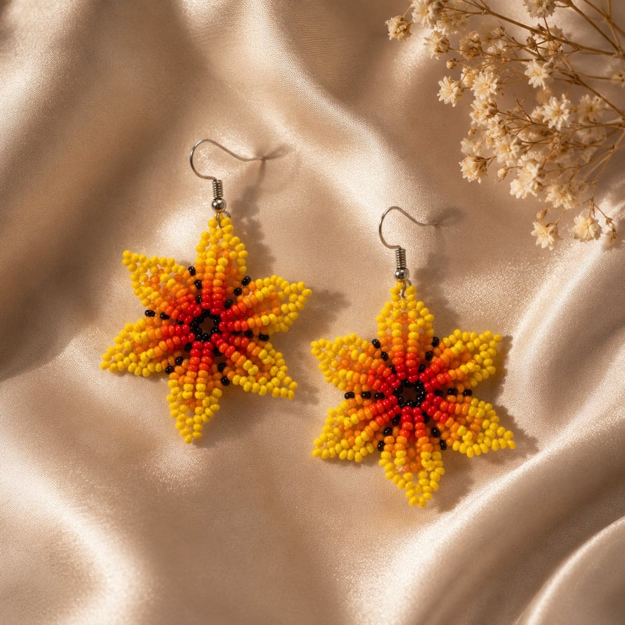 Sunfire Bloom Huichol-Inspired Seed Bead Earrings alternate view