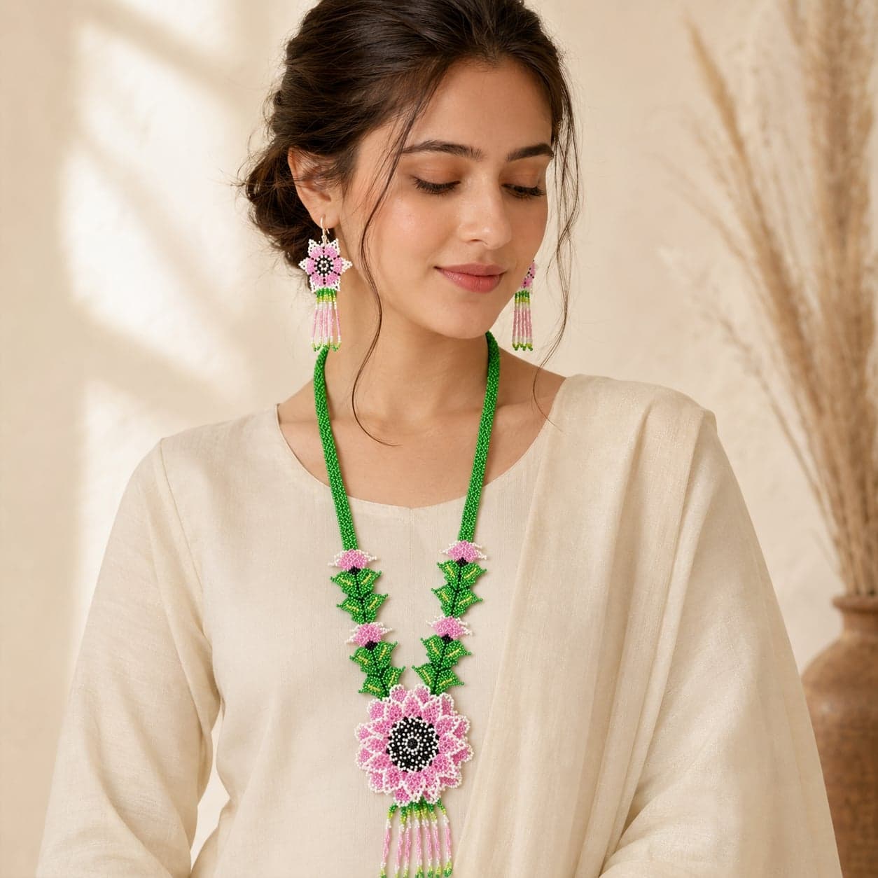 Liyana Pink Bloom Tribal-Inspired Beaded Long Necklace Set