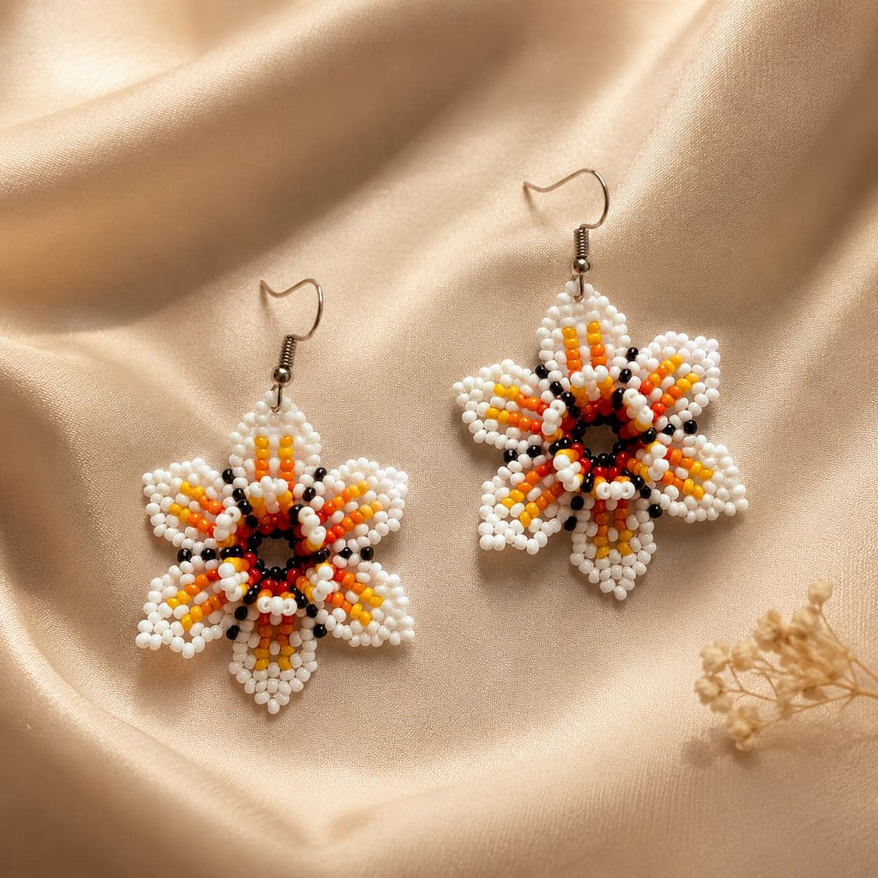 White Sunburst Huichol-Inspired Seed Bead Earrings alternate view