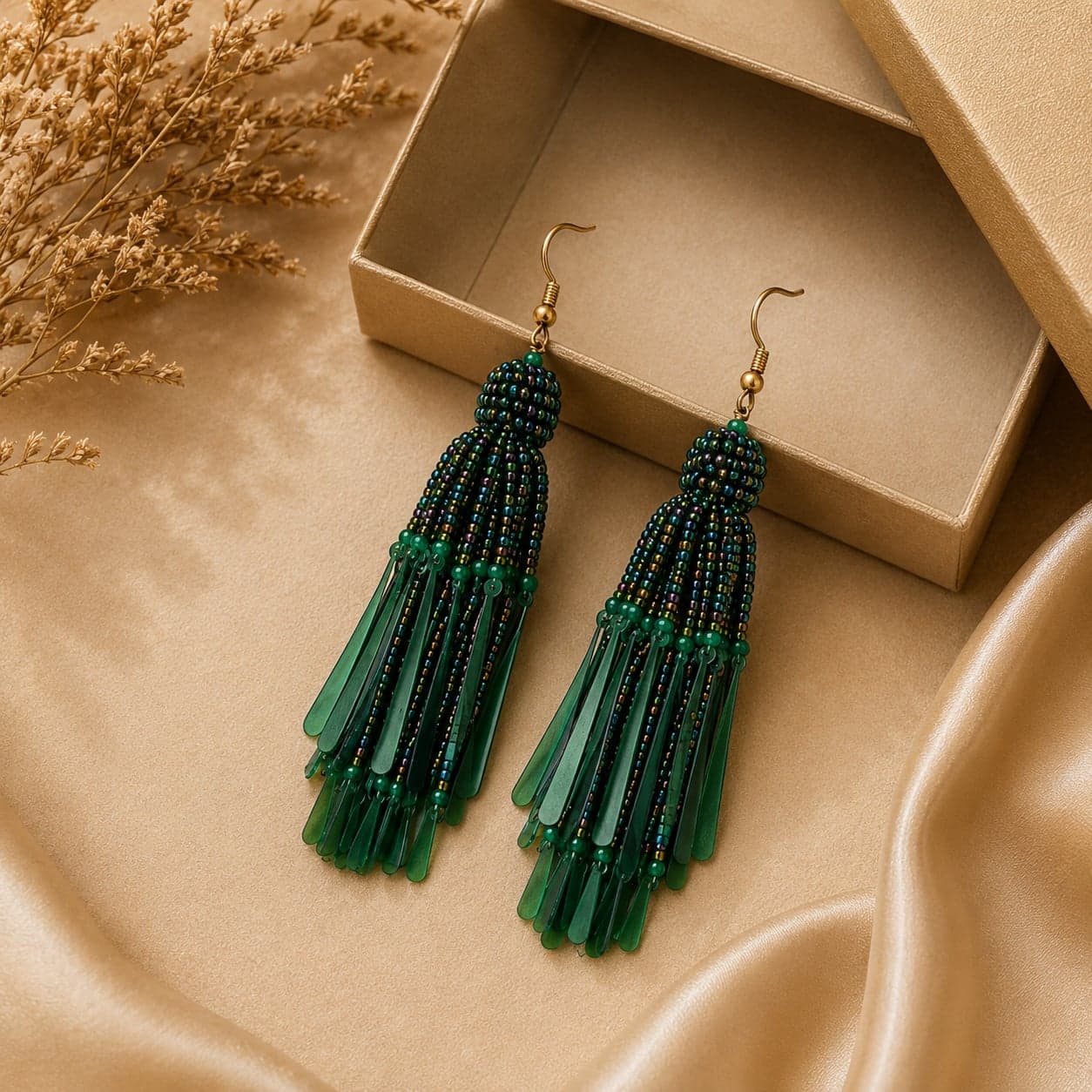 Emerald Cascade Seed Bead Tassel Earrings alternate view