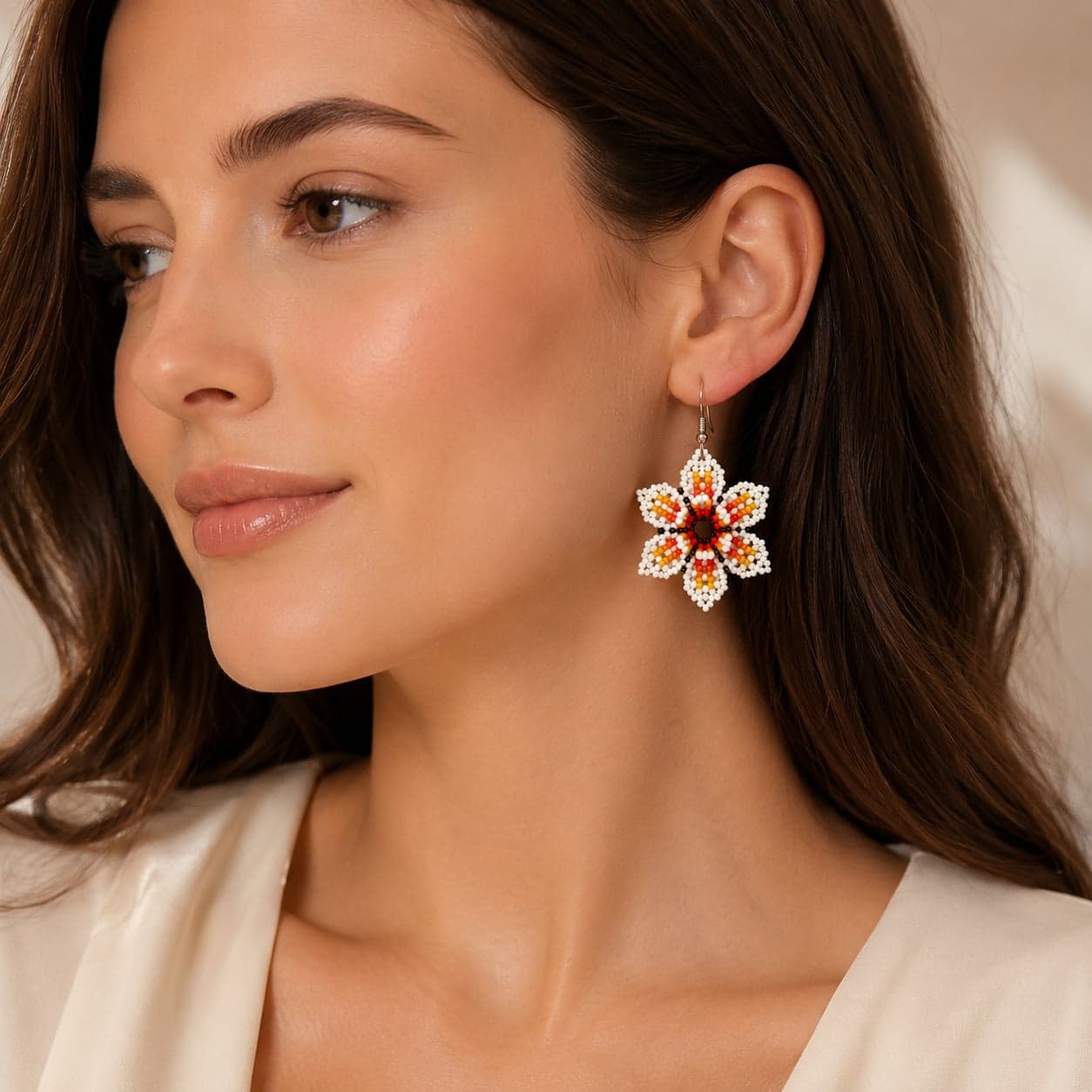 White Sunburst Huichol-Inspired Seed Bead Earrings