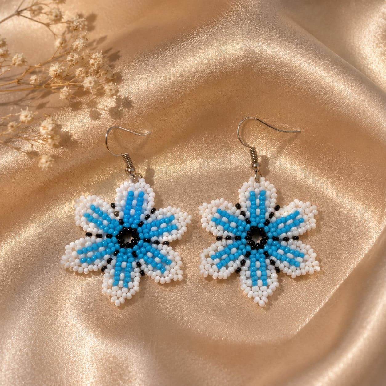 Azure Petal Huichol-Inspired Seed Bead Earrings alternate view
