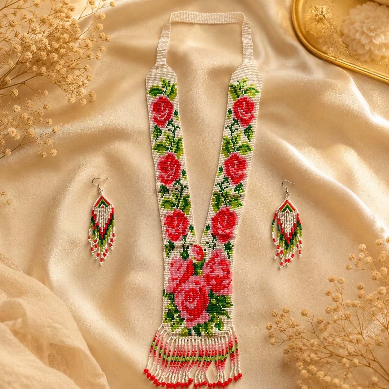 Roselle Bloom Huichol-Inspired Beaded Long Necklace Set alternate view
