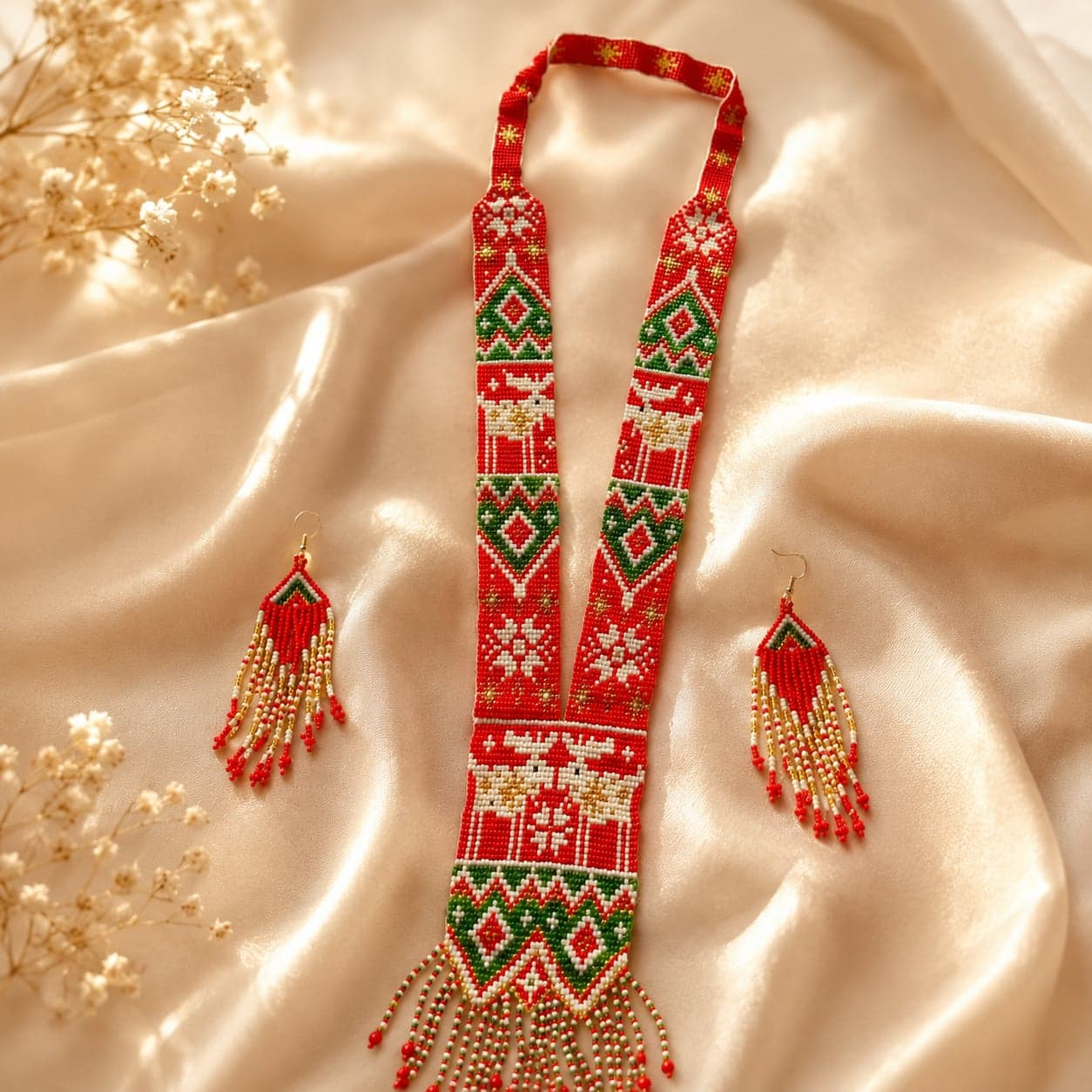 Saira Red Huichol-Inspired Beaded Long Necklace Set alternate view
